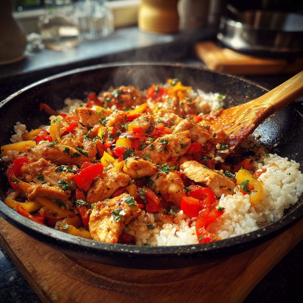 Kalorienarme Hähnchenpfanne Mit Paprika Und Reis